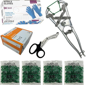 BOCCS Livestock Banding Kit with 200 Green Latex Bands, Nitrile Gloves, Wipes, and Bandage Scissors; for Goats, Sheep and Calves, Aluminum Base, 10 Inches in Length.