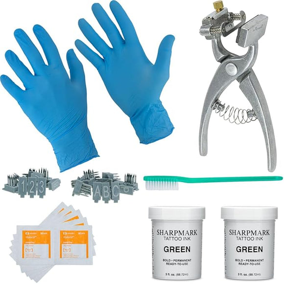 BOCCS Small Animal Complete Tattooing Kit with 0-9 & A-Z Digits, Nitrile gloves, Ink, and more. For Identification of Sheep, Pigs, Goats, Rabbits, and Other Livestock (SMALL, Green)